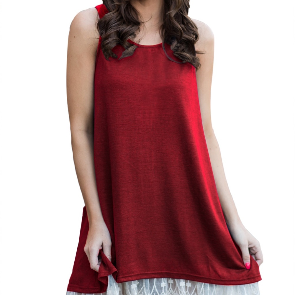 Red Mini Tank Dress With White Lace Hem